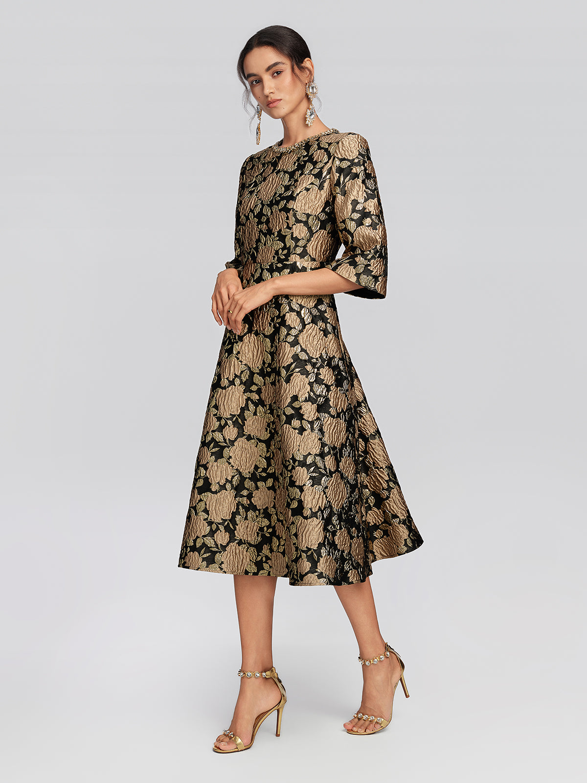 Embossed Jacquard Beaded Collar Dress