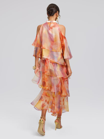 Silk Tie-Dye Off-Shoulder Vacation Top (Detachable Floral Included)