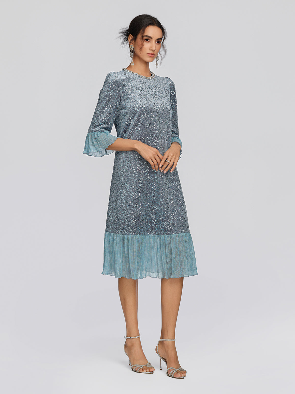 Sequin Velvet Pleated Ruffle Dress