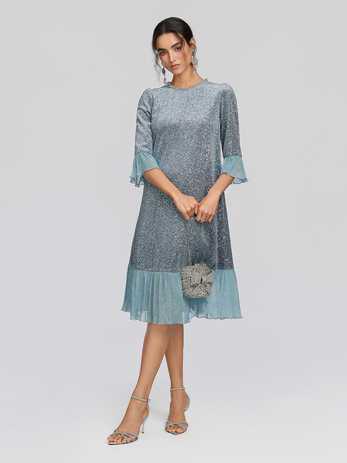Sequin Velvet Pleated Ruffle Dress