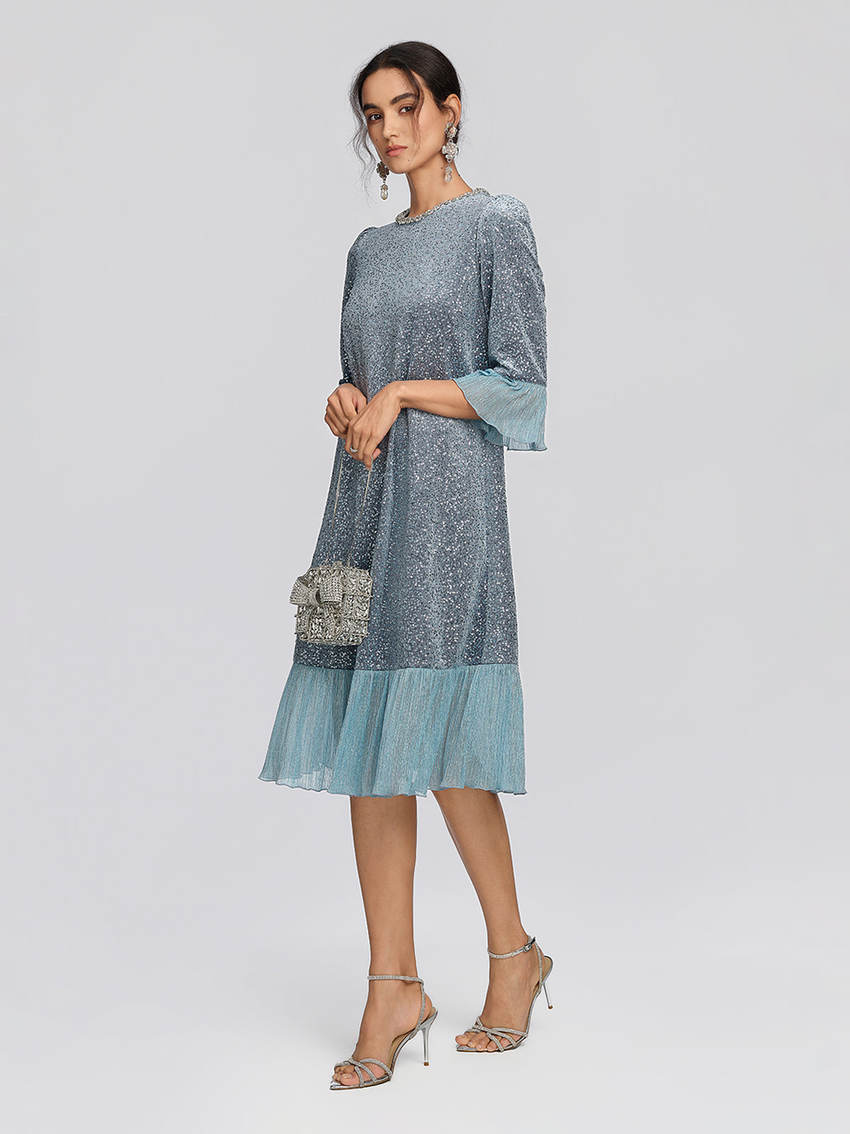 Sequin Velvet Pleated Ruffle Dress