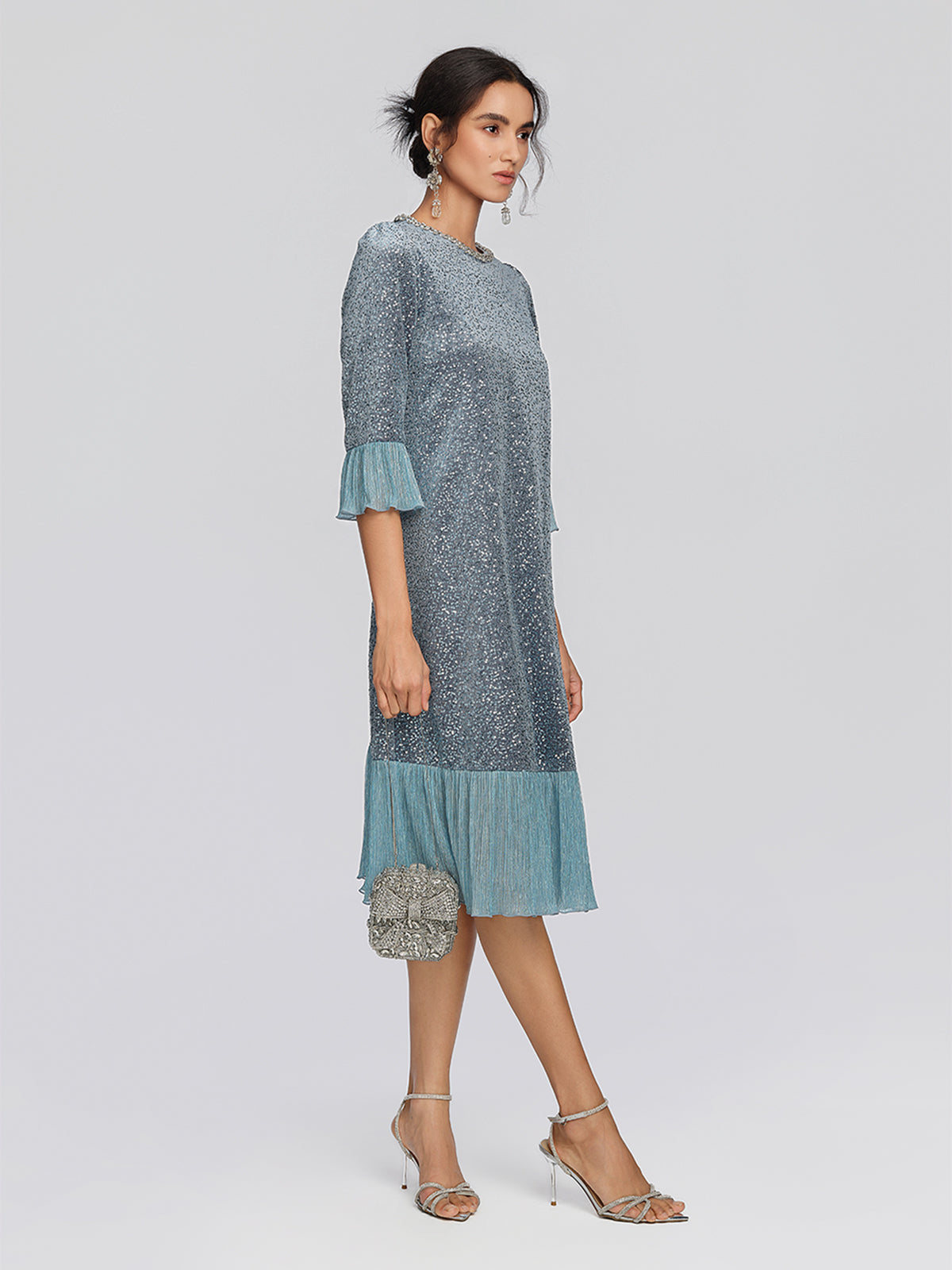 Sequin Velvet Pleated Ruffle Dress