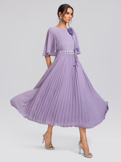 Embroidered Pleated Maxi Dress (Detachable Floral & Waist Tie Included)