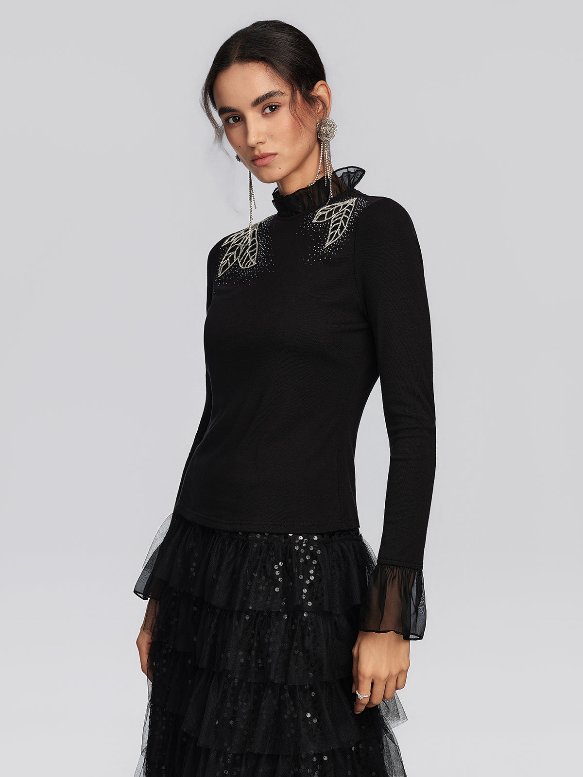 Stretch Knit Leaf Embroidered Rhinestone Blouse
