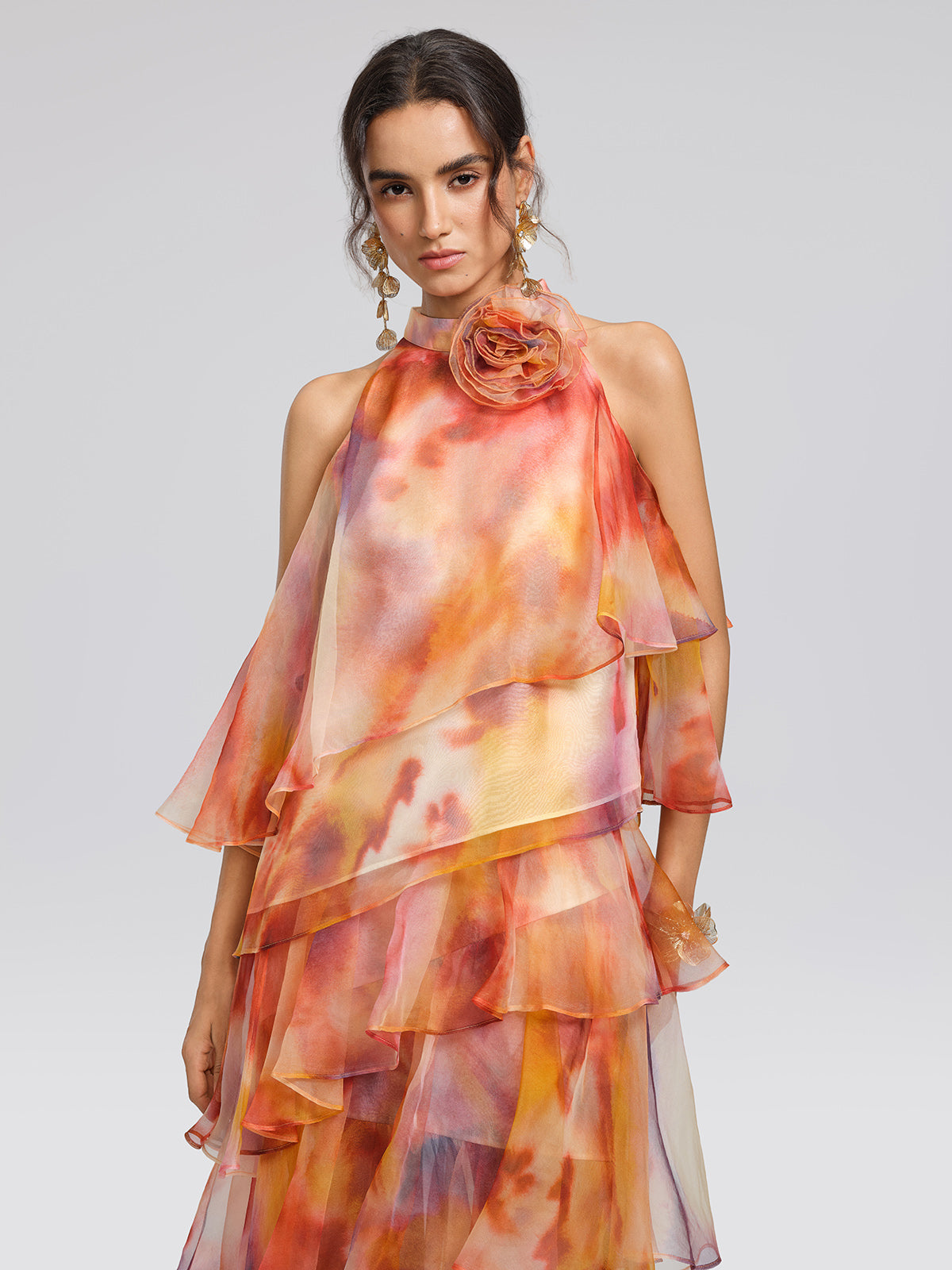 Silk Tie-Dye Off-Shoulder Vacation Top (Detachable Floral Included)