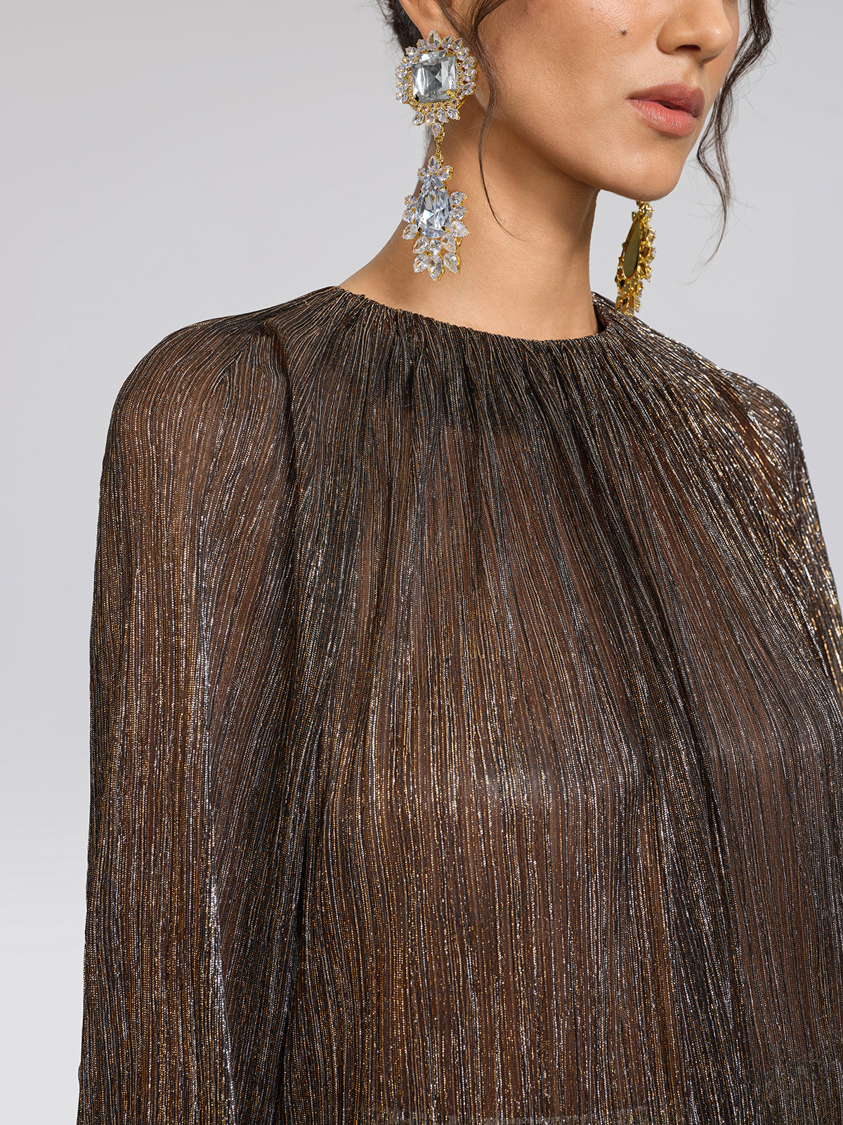 Glitter Pleated Floral Blouse (Detachable Flower Included)