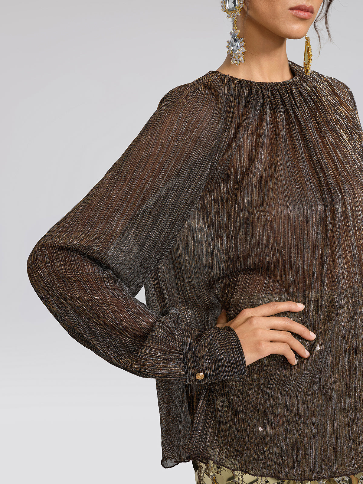 Glitter Pleated Floral Blouse (Detachable Flower Included)