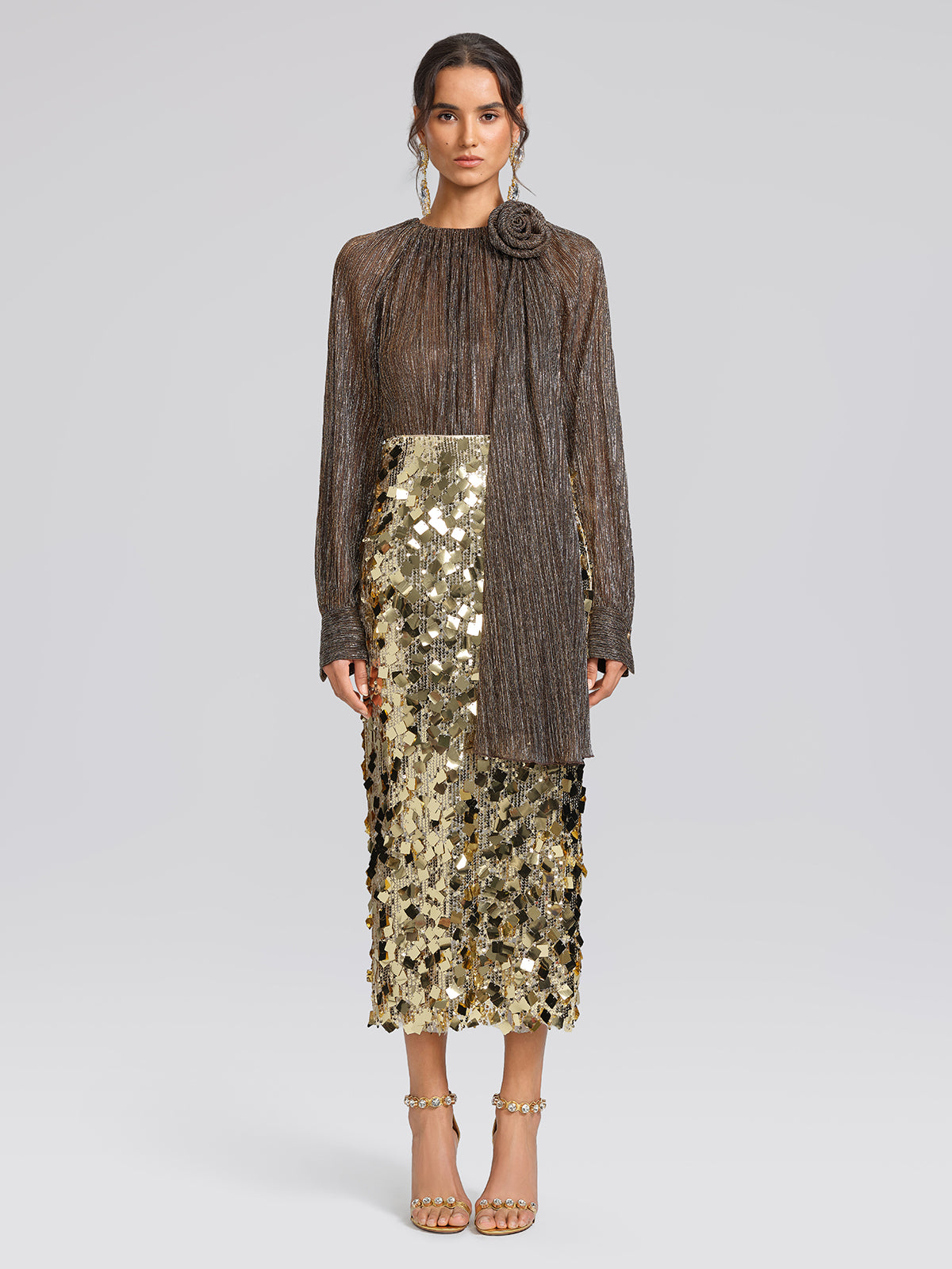 Glitter Pleated Floral Blouse (Detachable Flower Included)
