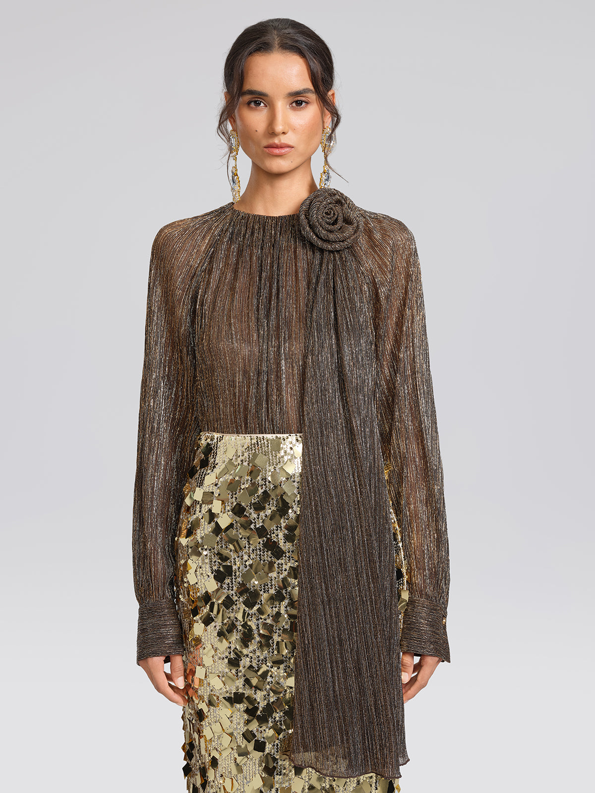Glitter Pleated Floral Blouse (Detachable Flower Included)