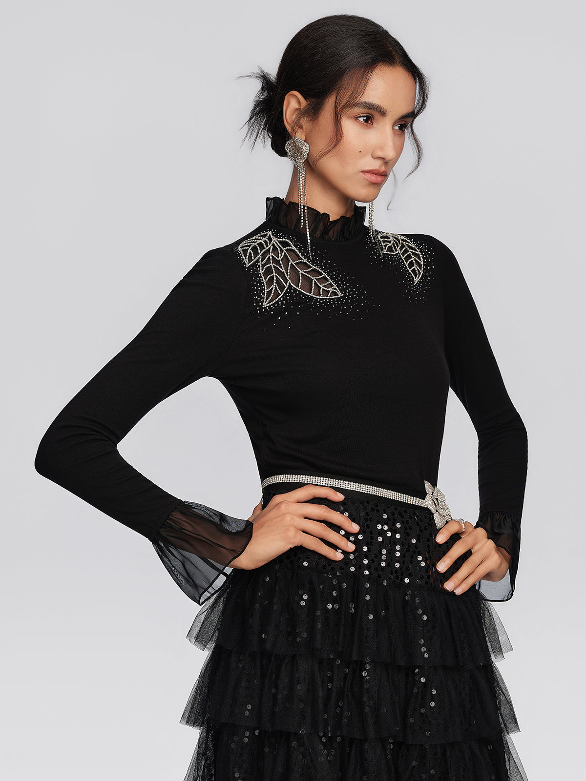 Stretch Knit Leaf Embroidered Rhinestone Blouse