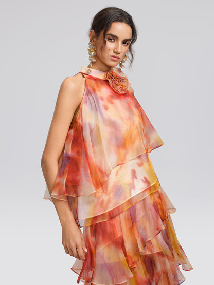 Silk Tie-Dye Off-Shoulder Vacation Top (Detachable Floral Included)