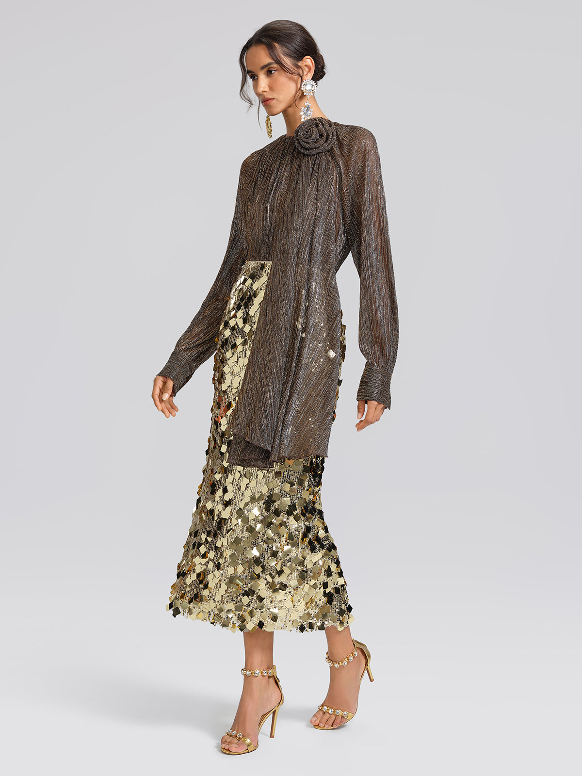 Glitter Pleated Floral Blouse (Detachable Flower Included)
