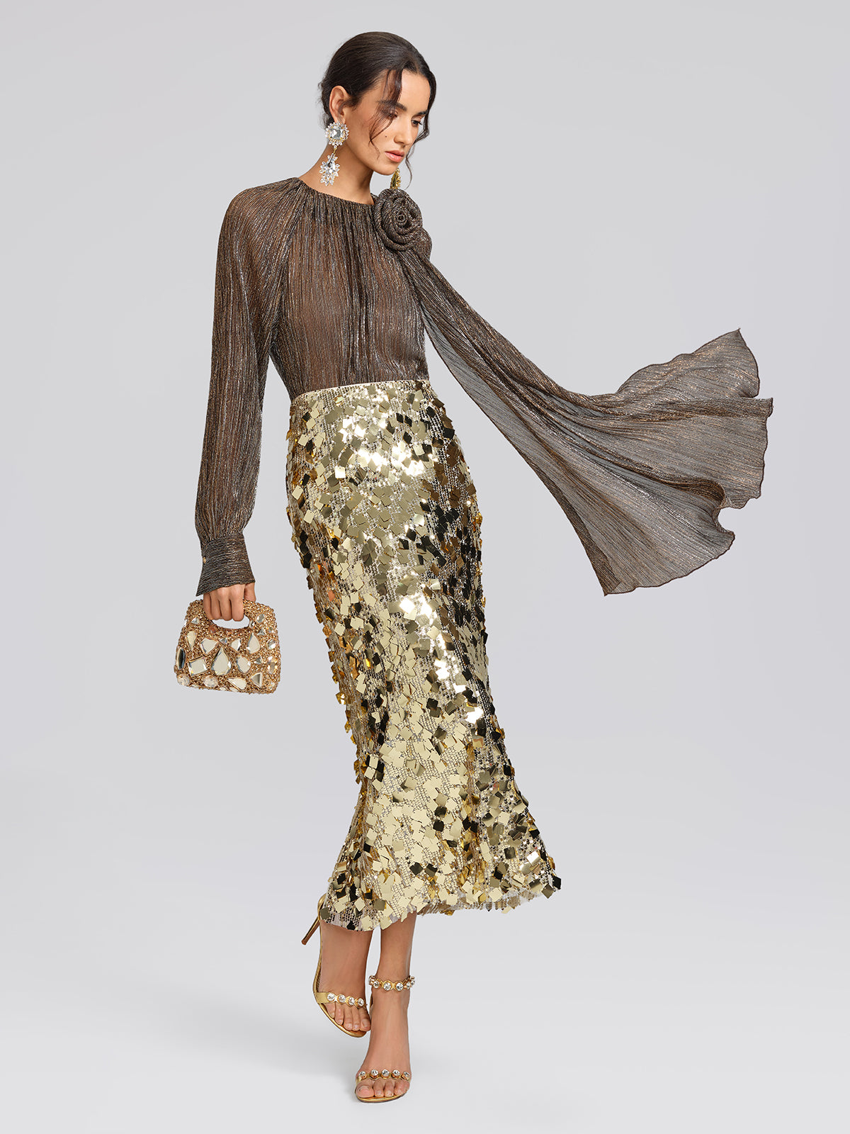 Glitter Pleated Floral Blouse (Detachable Flower Included)