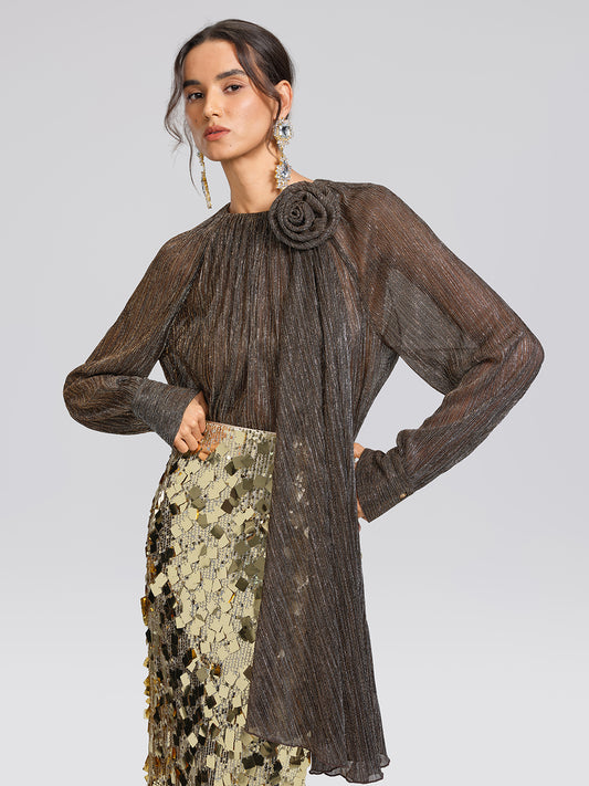 Glitter Pleated Floral Blouse (Detachable Flower Included)