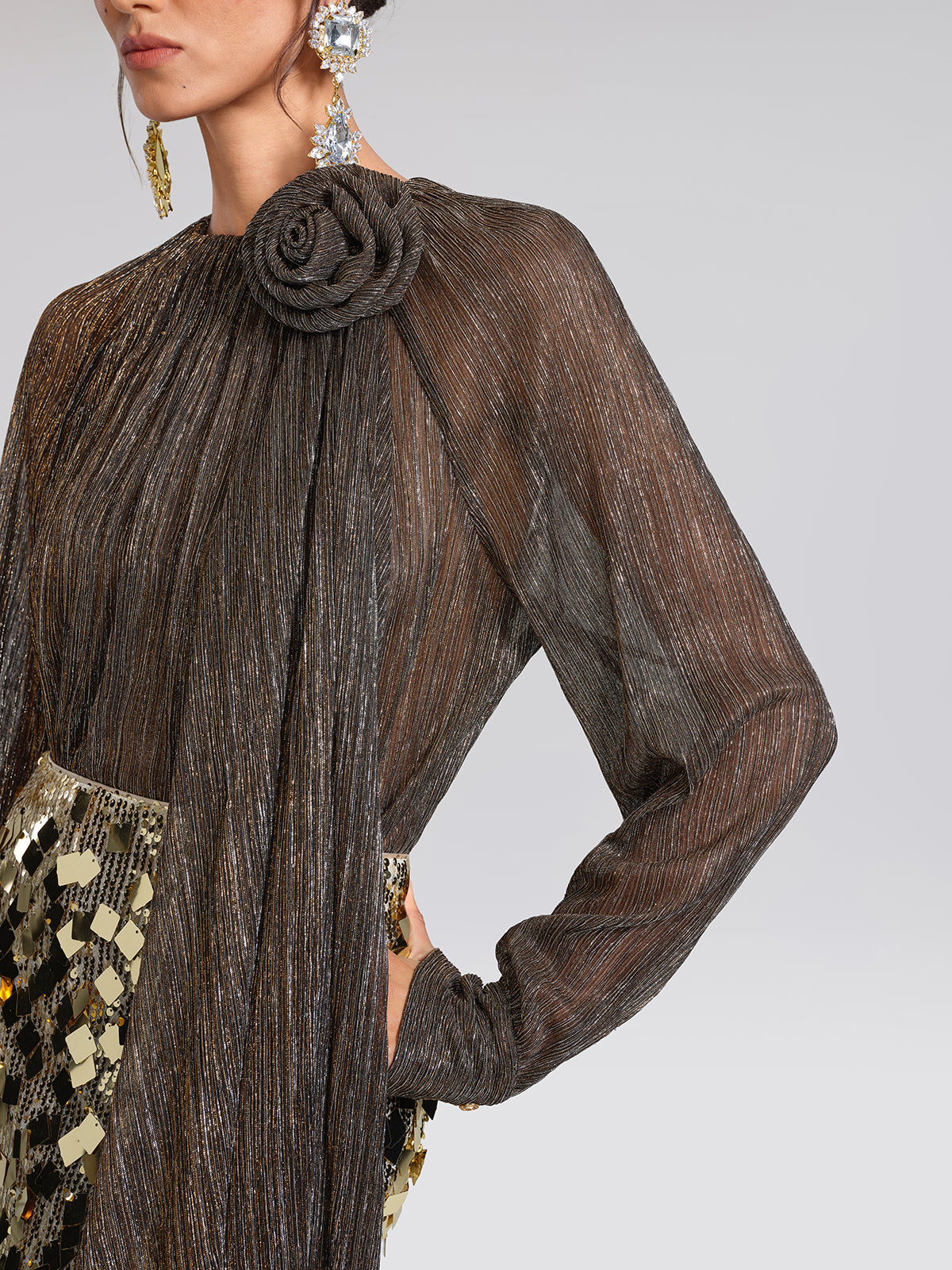 Glitter Pleated Floral Blouse (Detachable Flower Included)