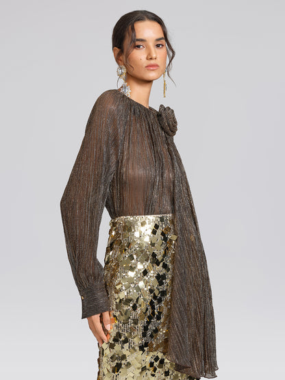 Glitter Pleated Floral Blouse (Detachable Flower Included)