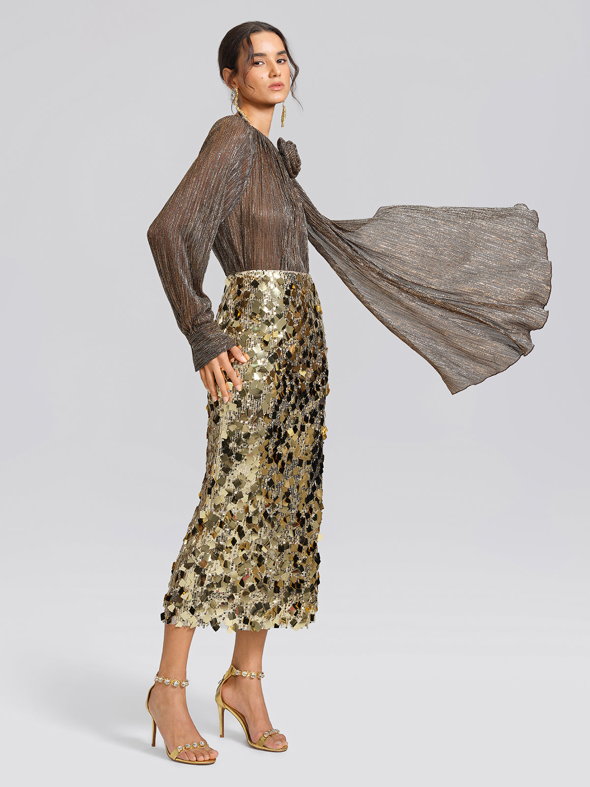 Glitter Pleated Floral Blouse (Detachable Flower Included)