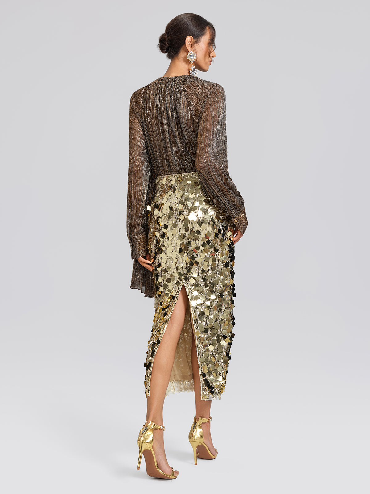 Glitter Pleated Floral Blouse (Detachable Flower Included)