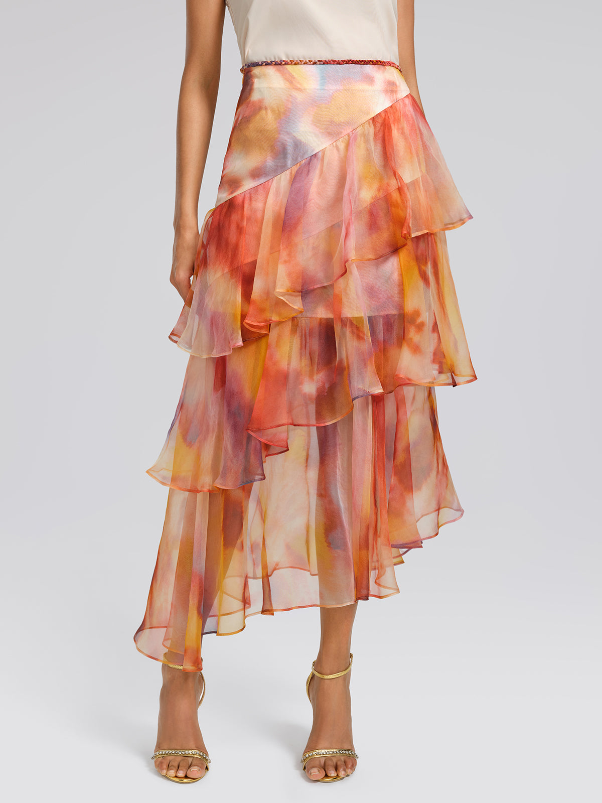 Silk Tie-Dye Ruffled Vacation Skirt