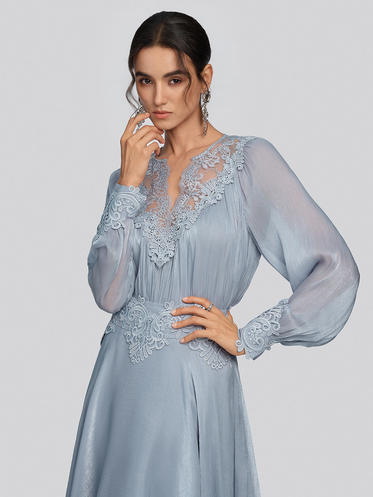 Pearlescent Organza Guipure Lace V-Neck Blouse