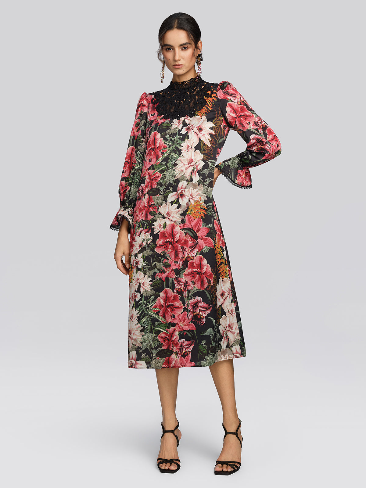 Satin Floral Print Guipure Lace Dress