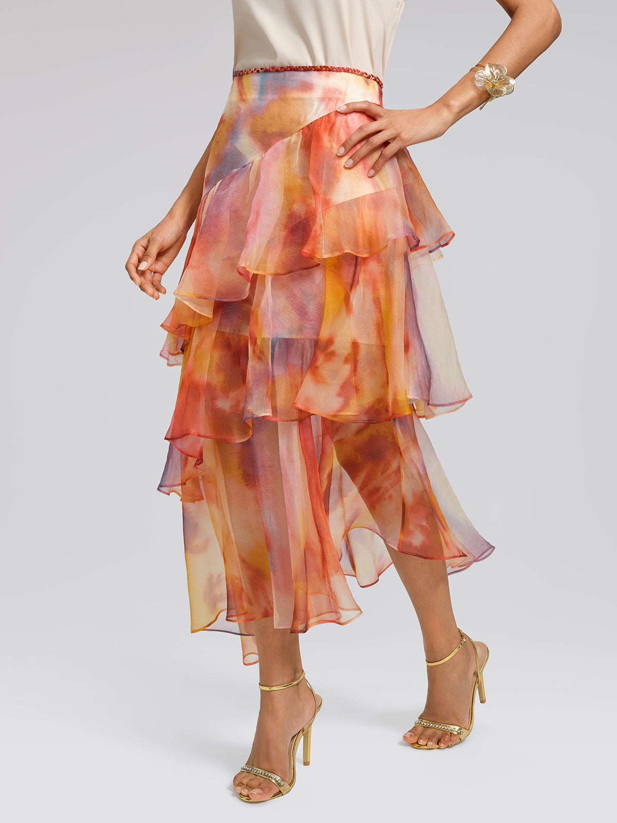 Silk Tie-Dye Ruffled Vacation Skirt