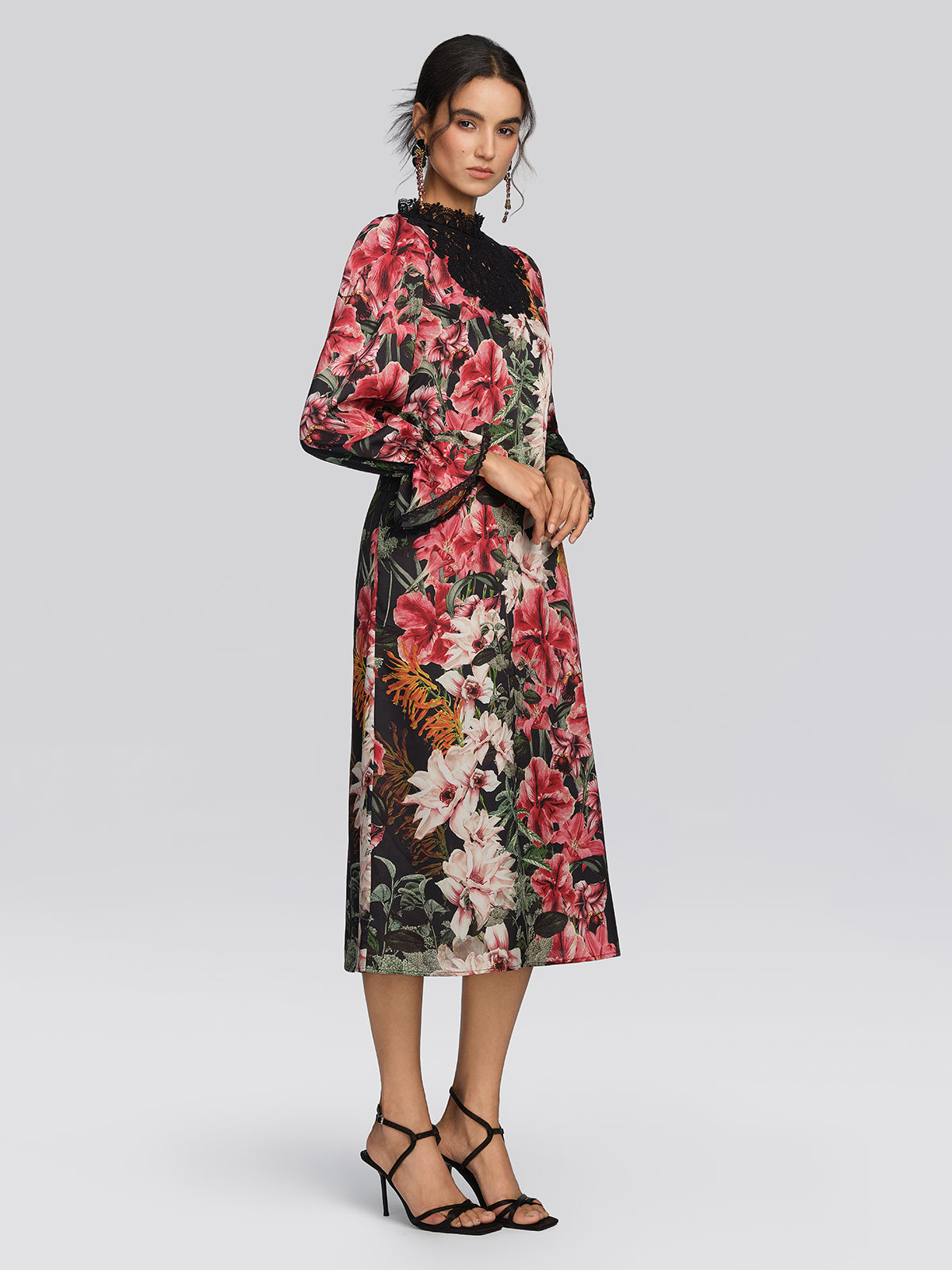 Satin Floral Print Guipure Lace Dress