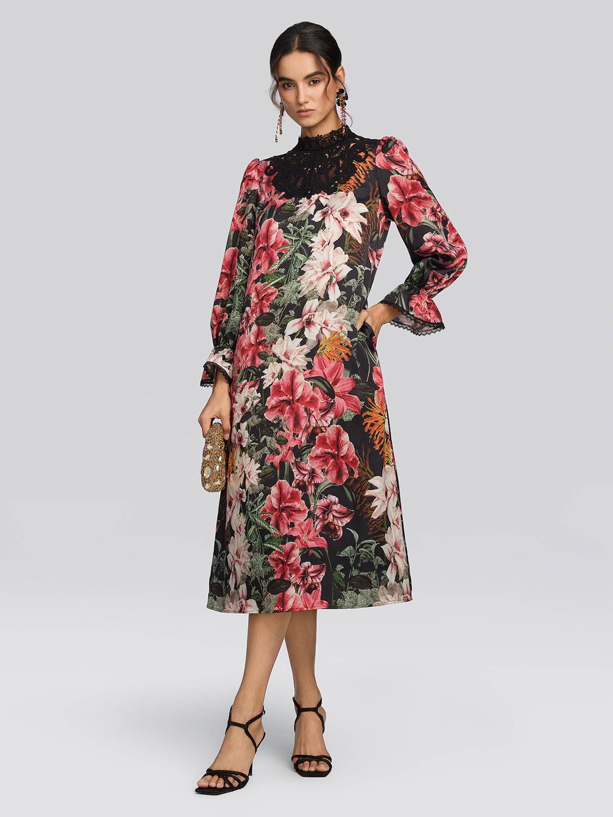 Satin Floral Print Guipure Lace Dress