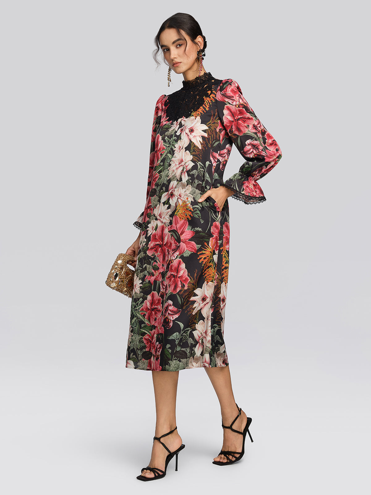 Satin Floral Print Guipure Lace Dress
