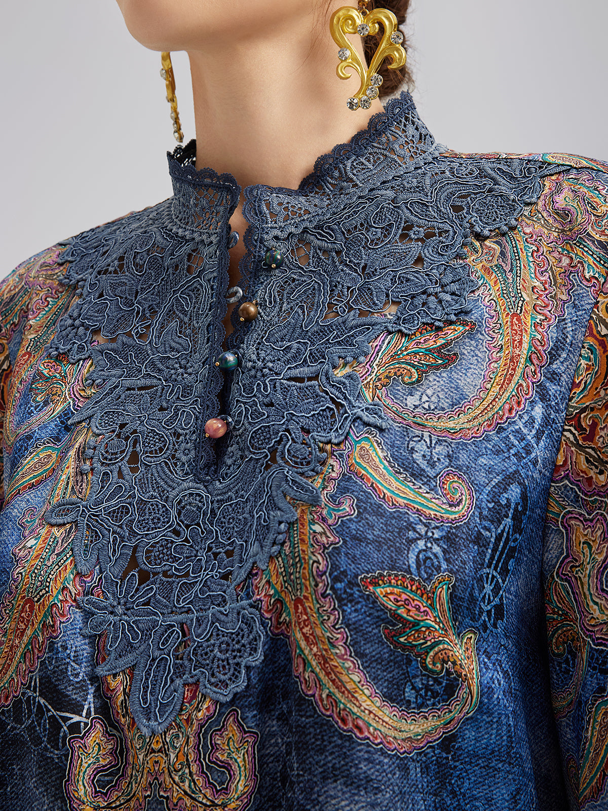 Final Sale | 100% Silk Paisley Tie-Dye Stand Collar Blouse