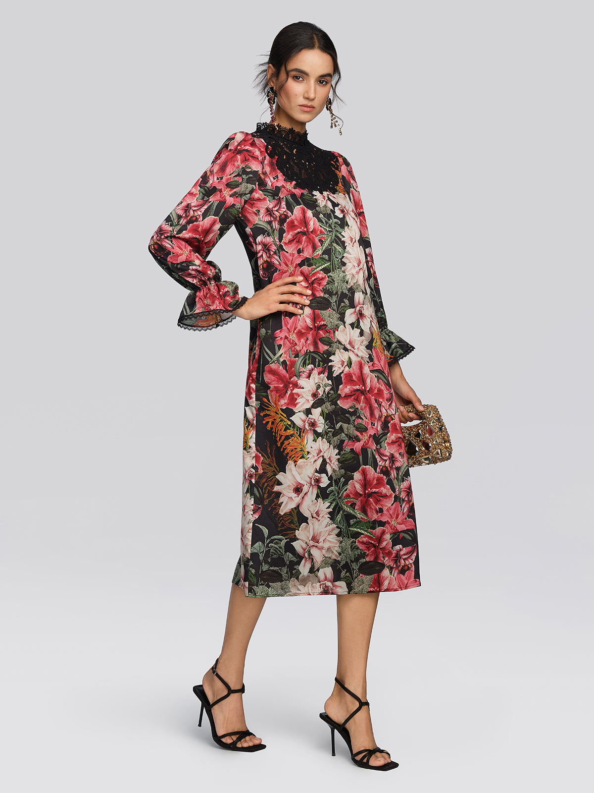 Satin Floral Print Guipure Lace Dress