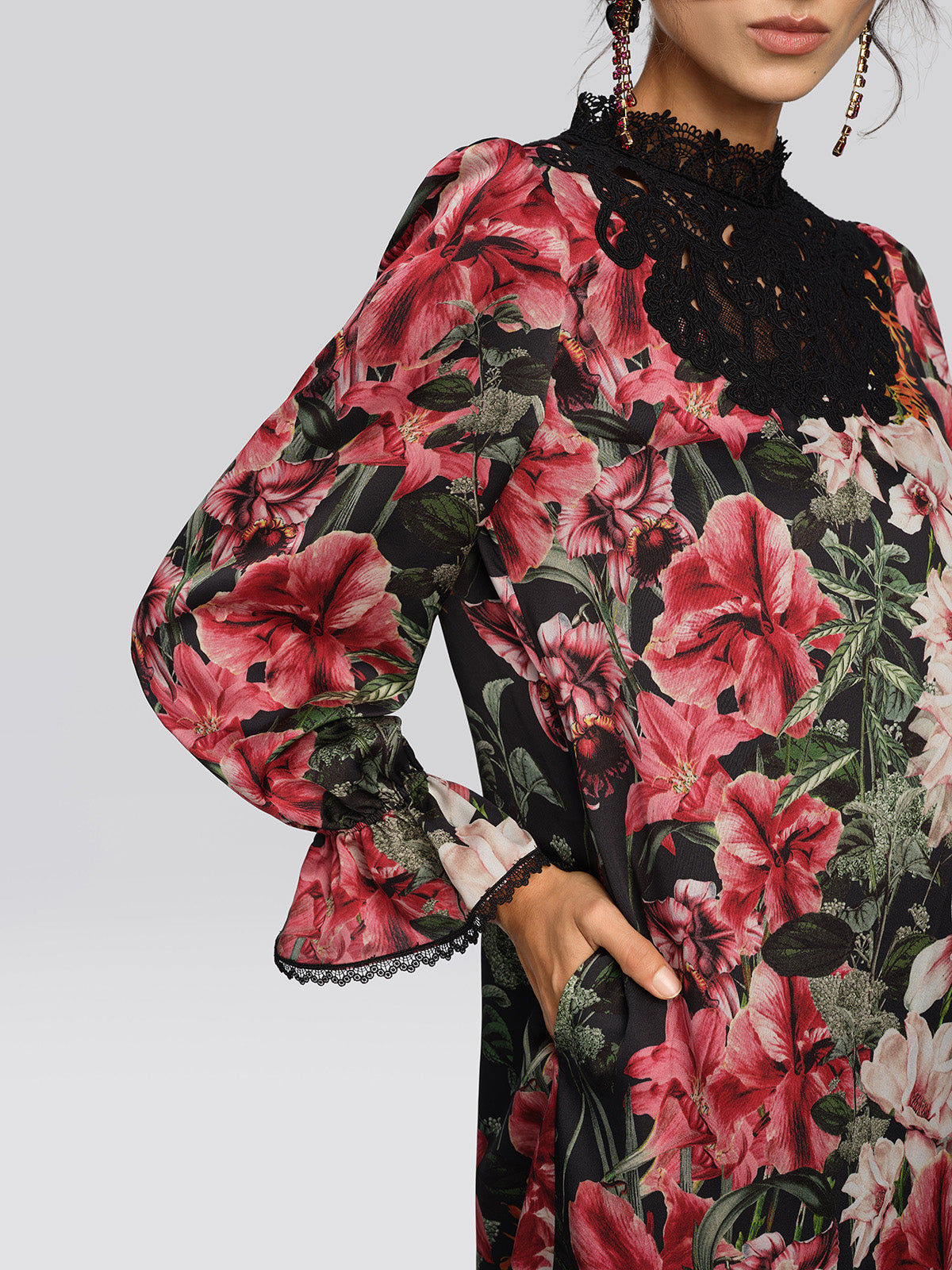 Satin Floral Print Guipure Lace Dress