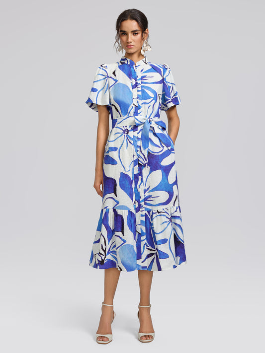 Hand-Drawn Resort Print Linen Dress (Waist Tie Included)