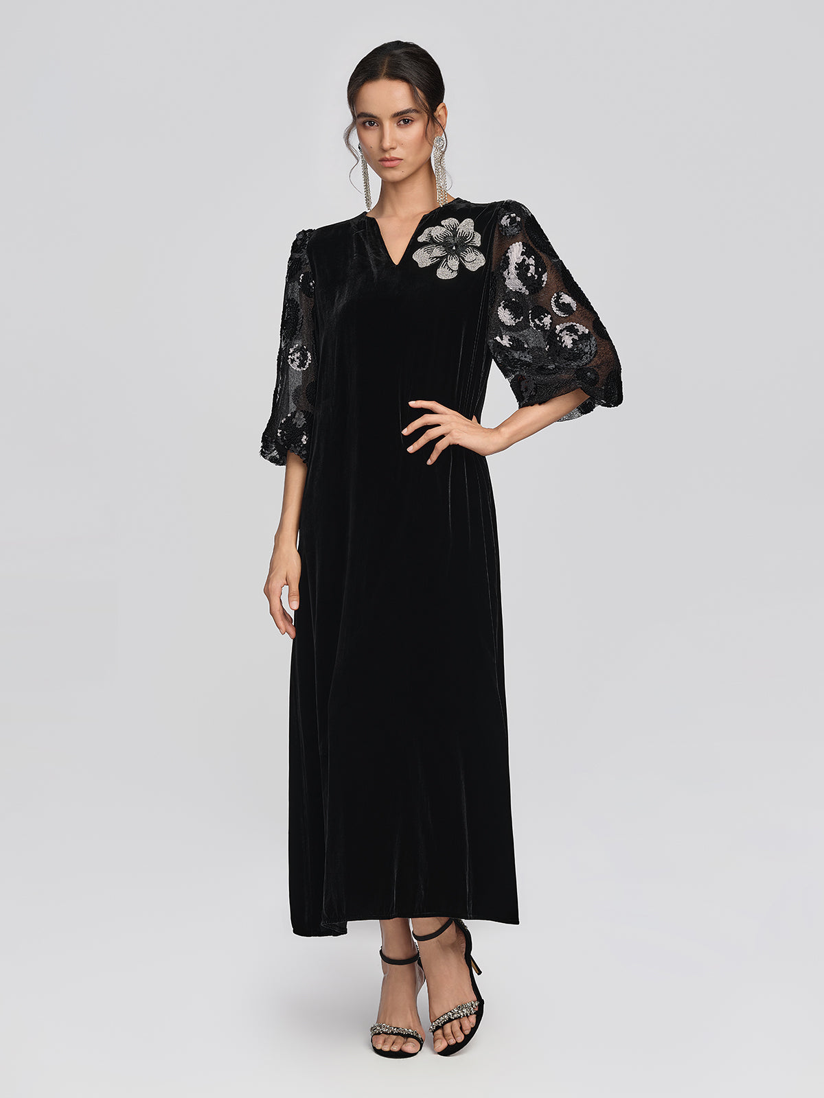 Silk Velvet Sequin Floral Dress