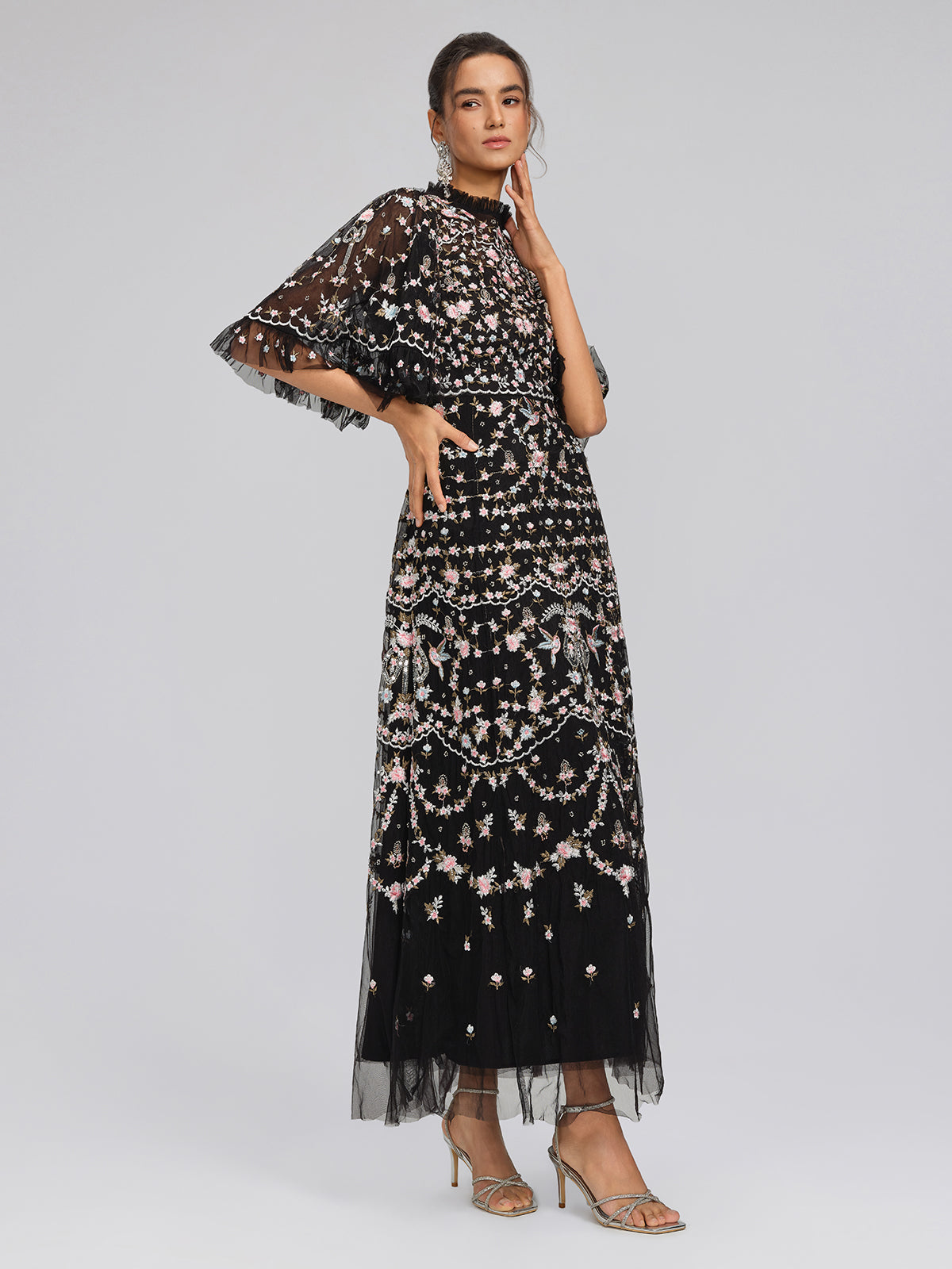 Embroidered Floral Ruffled Tulle Dress