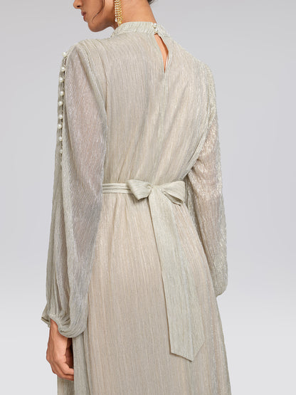Glitter Pleated Pearl-Buttons Dress (Detachable Floral & Waist Tie Included)