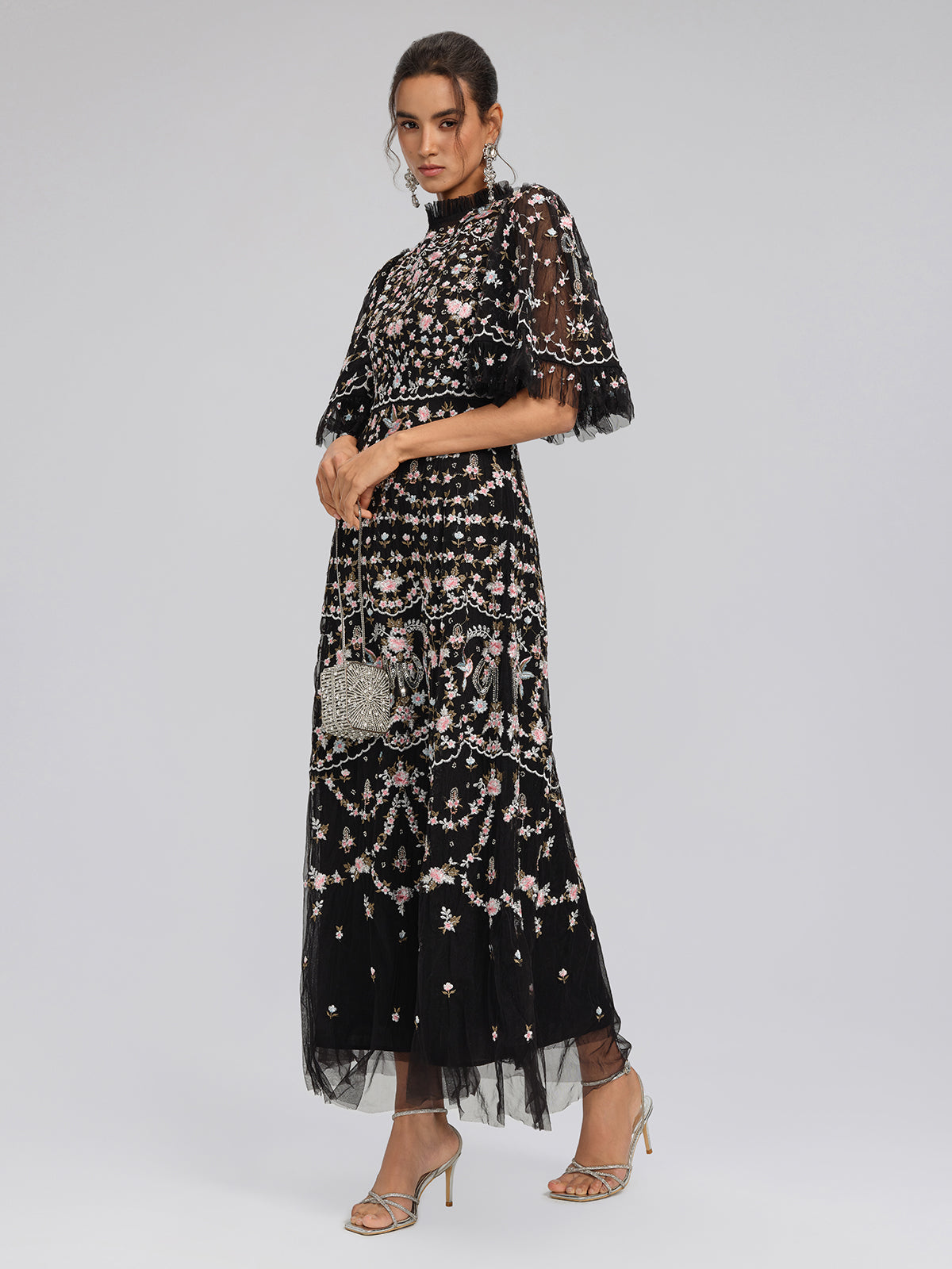 Embroidered Floral Ruffled Tulle Dress