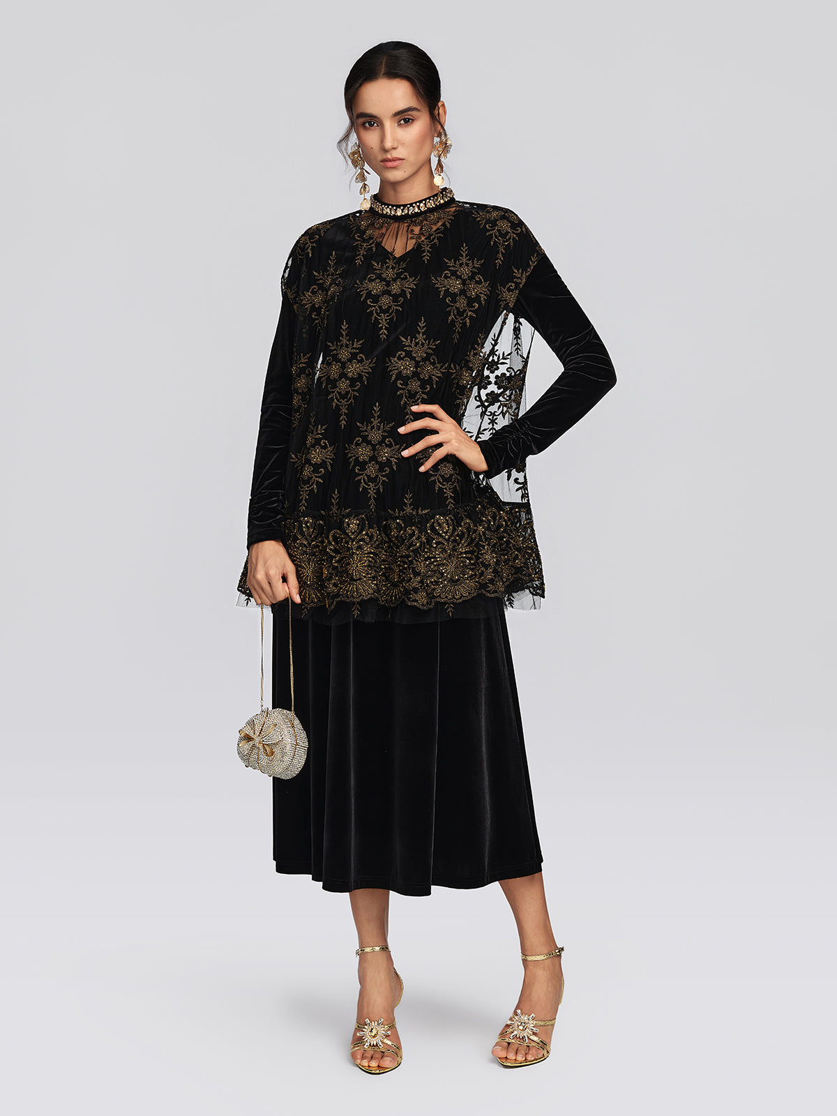 Embroidered Mesh Velvet Beaded Set