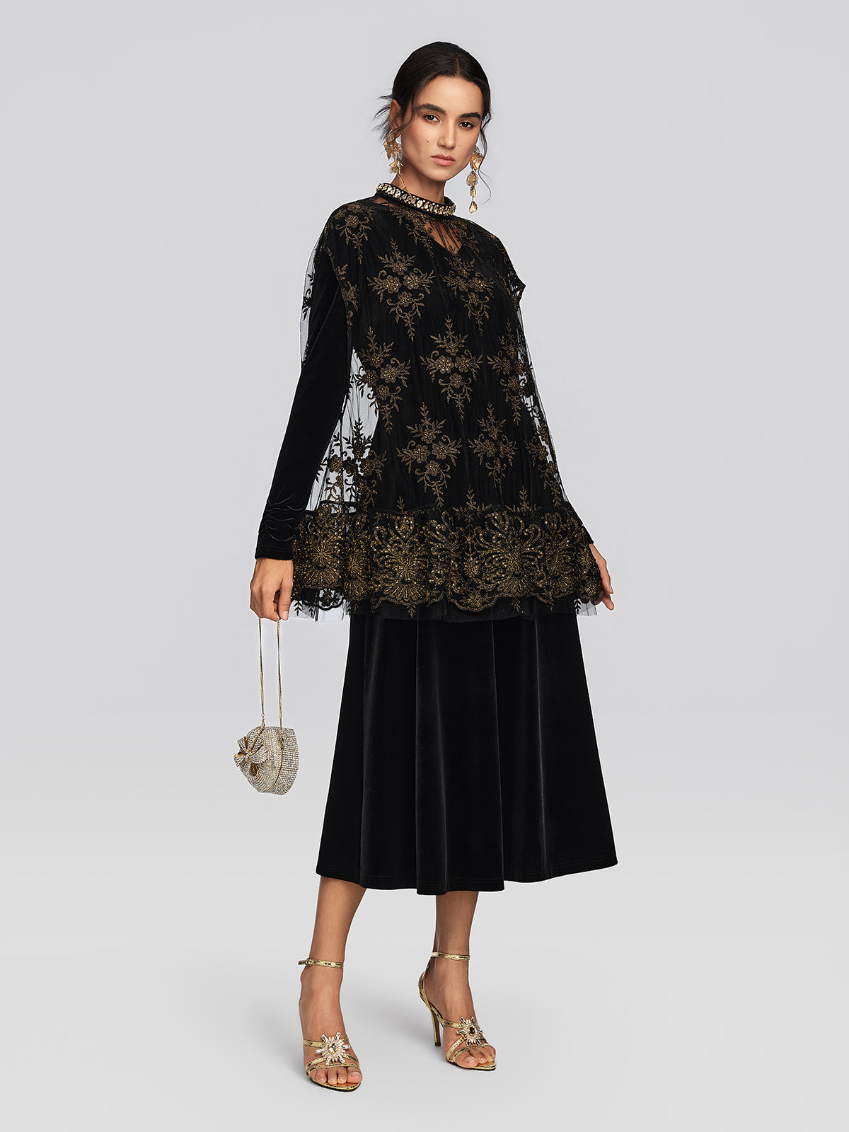 Embroidered Mesh Velvet Beaded Set
