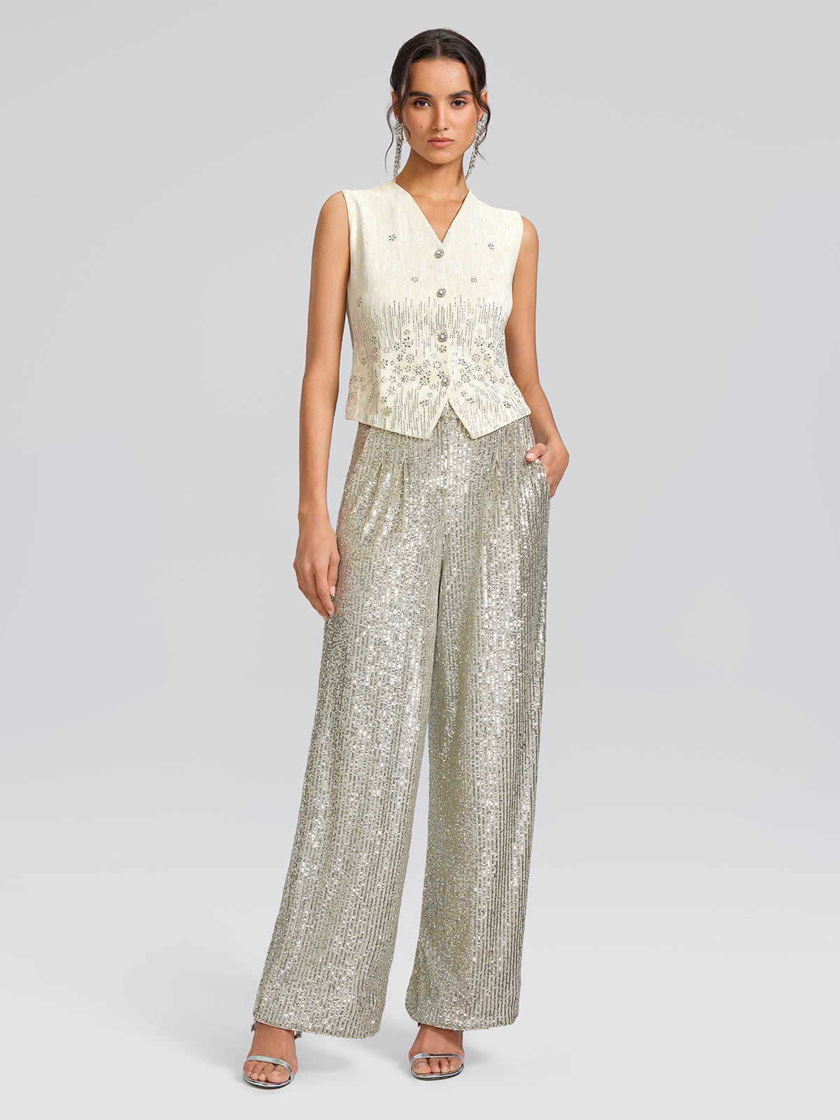 Rhinestone Fitted Pearl-Button Sleeveless Vest