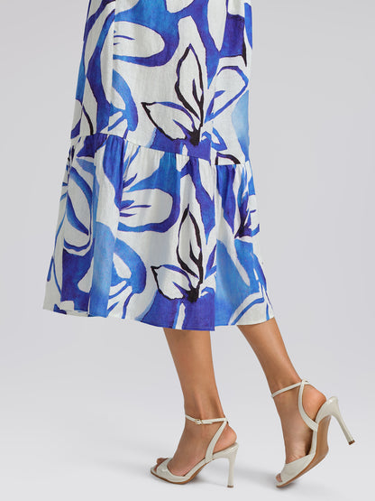 Hand-Drawn Resort Print Linen Dress (Waist Tie Included)