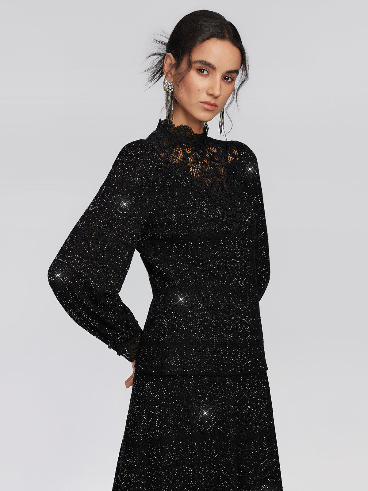 Textured Knit Rhinestone Lace Blouse