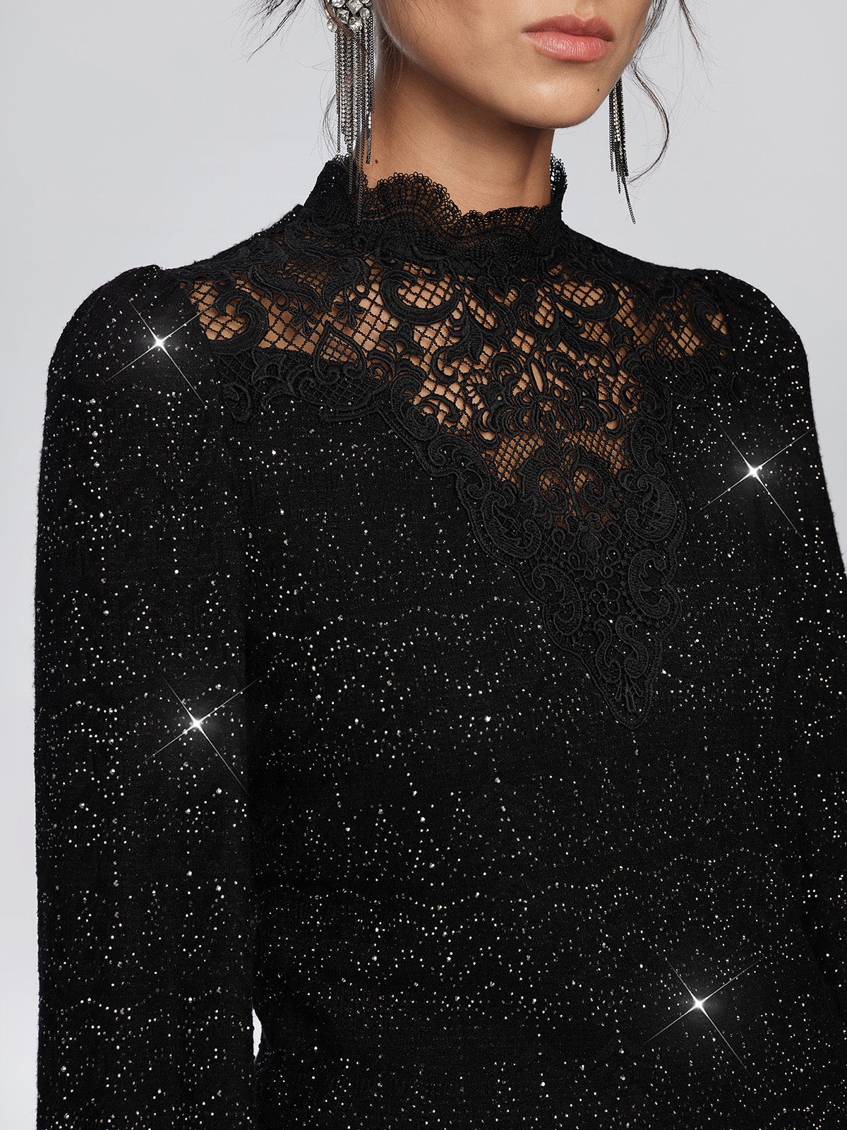Textured Knit Rhinestone Lace Blouse