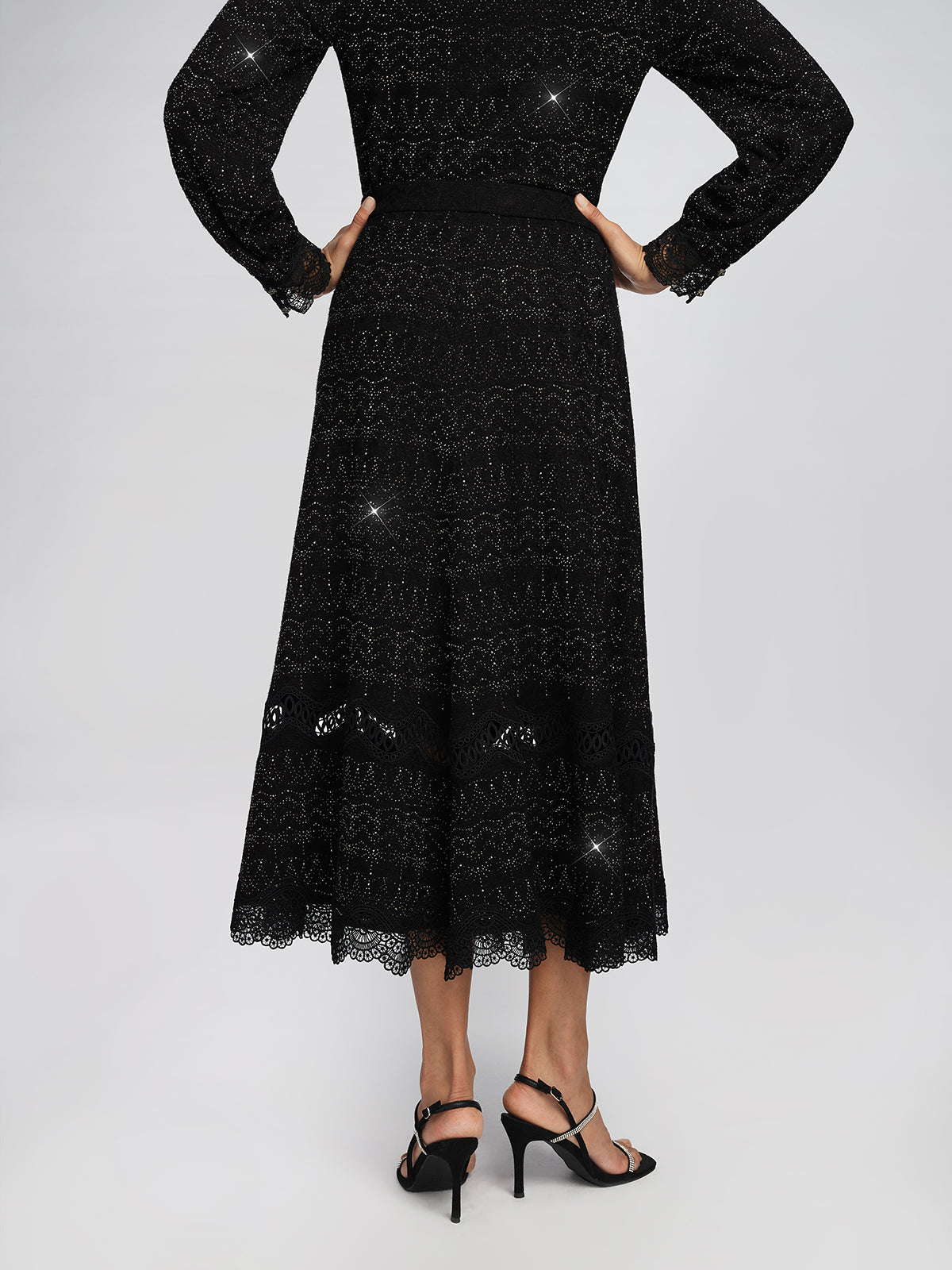 Textured Knit Rhinestone Lace A-Line Skirt
