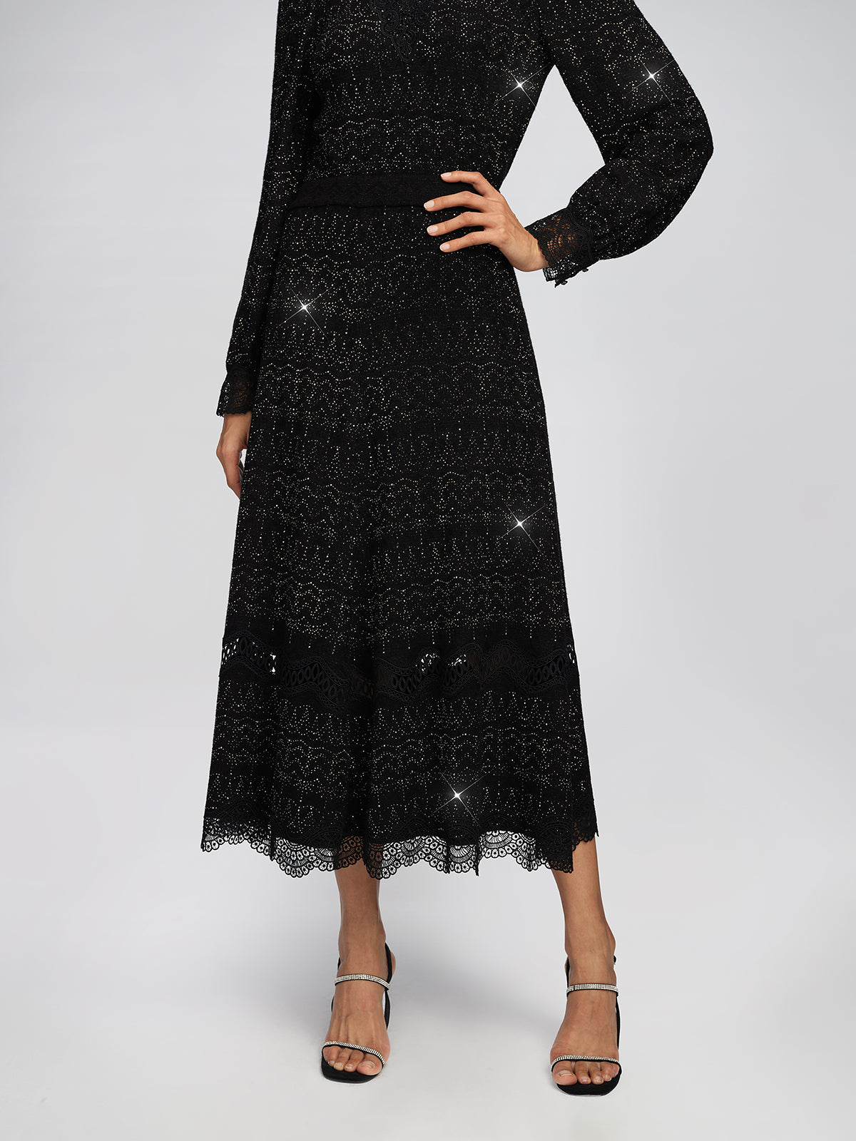 Textured Knit Rhinestone Lace A-Line Skirt