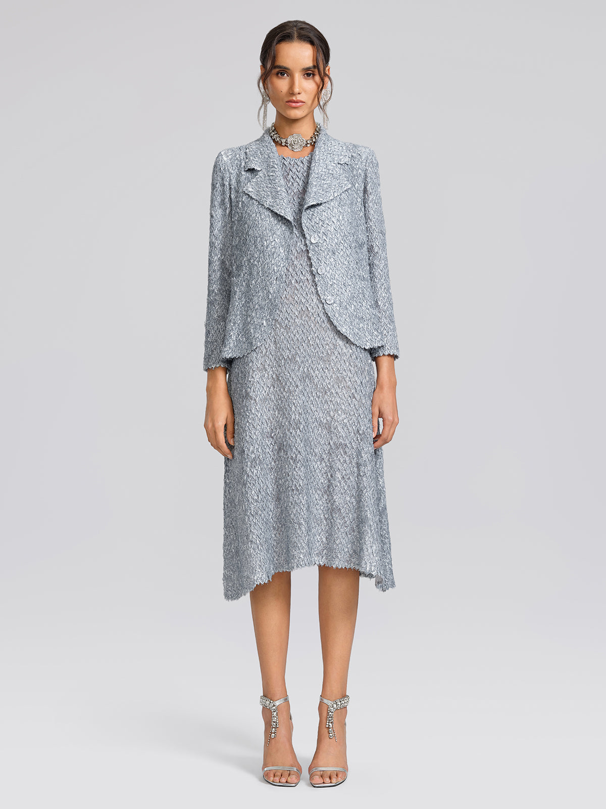 Textured Pleated Lapel Blazer Dress Set