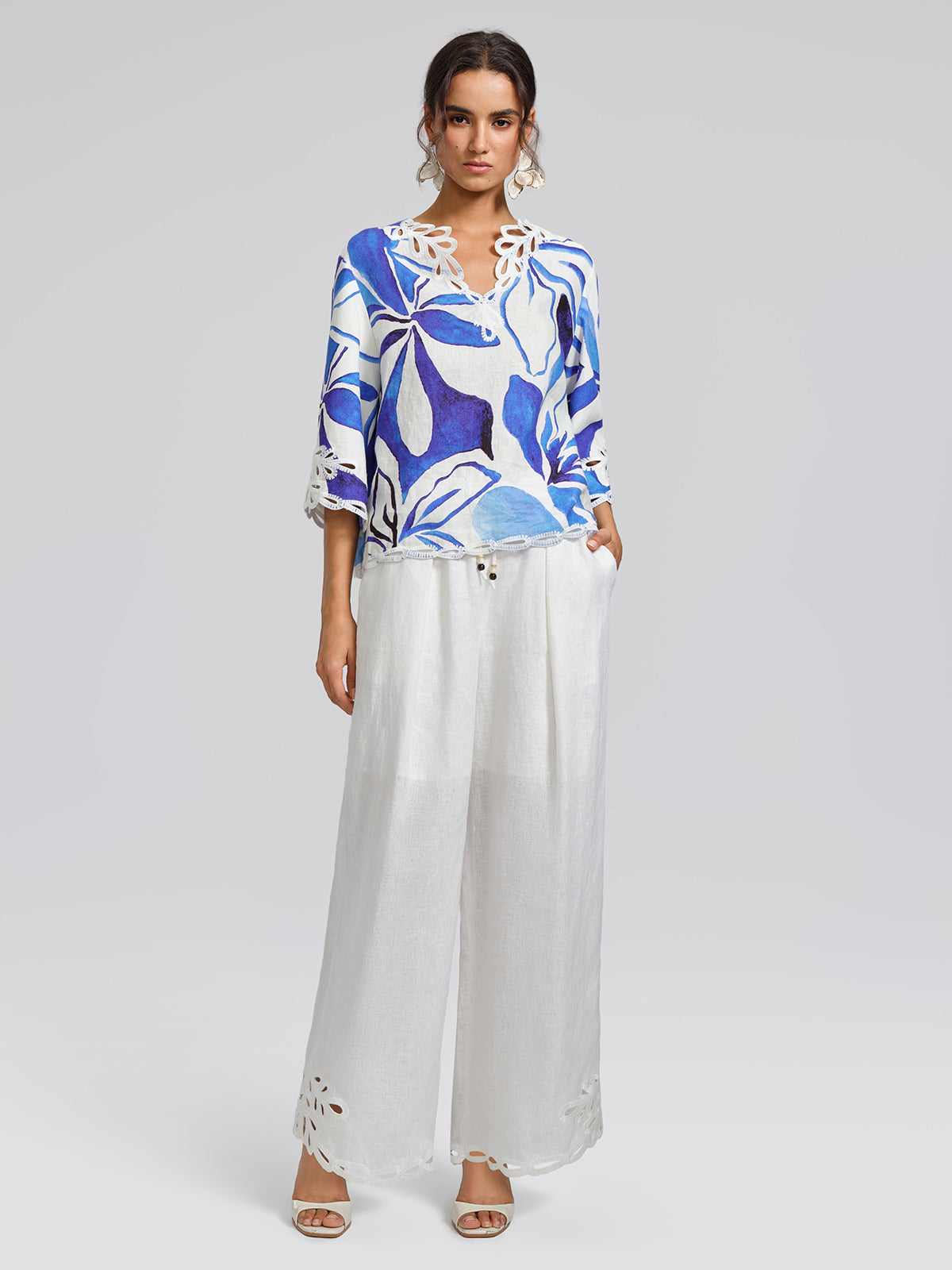Linen Cutout Embroidered Straight-Leg Pants