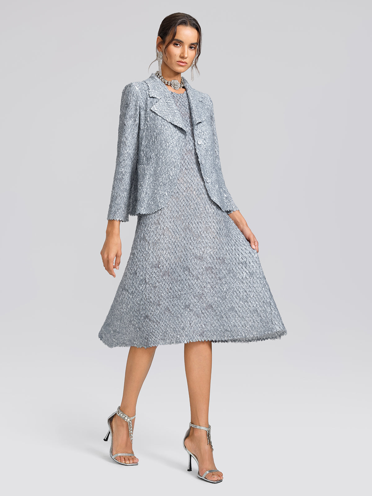 Textured Pleated Lapel Blazer Dress Set