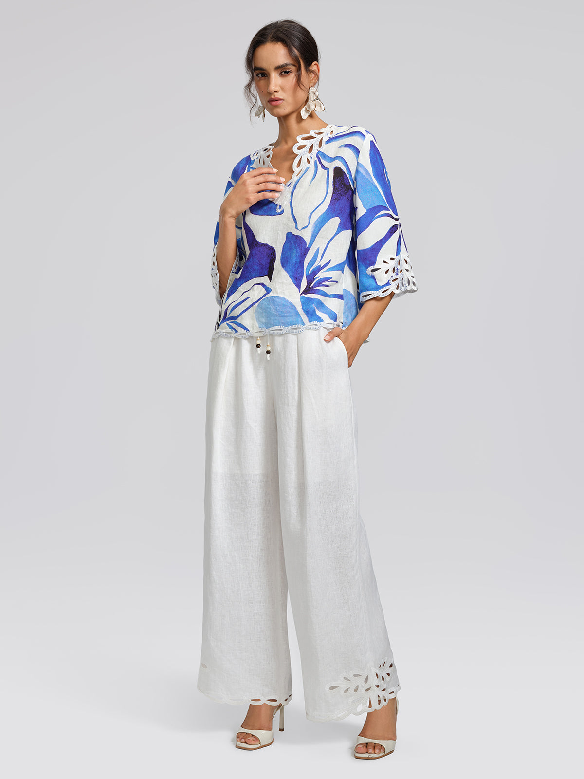 100% Linen Hand-Drawn Resort Print Embroidered Top