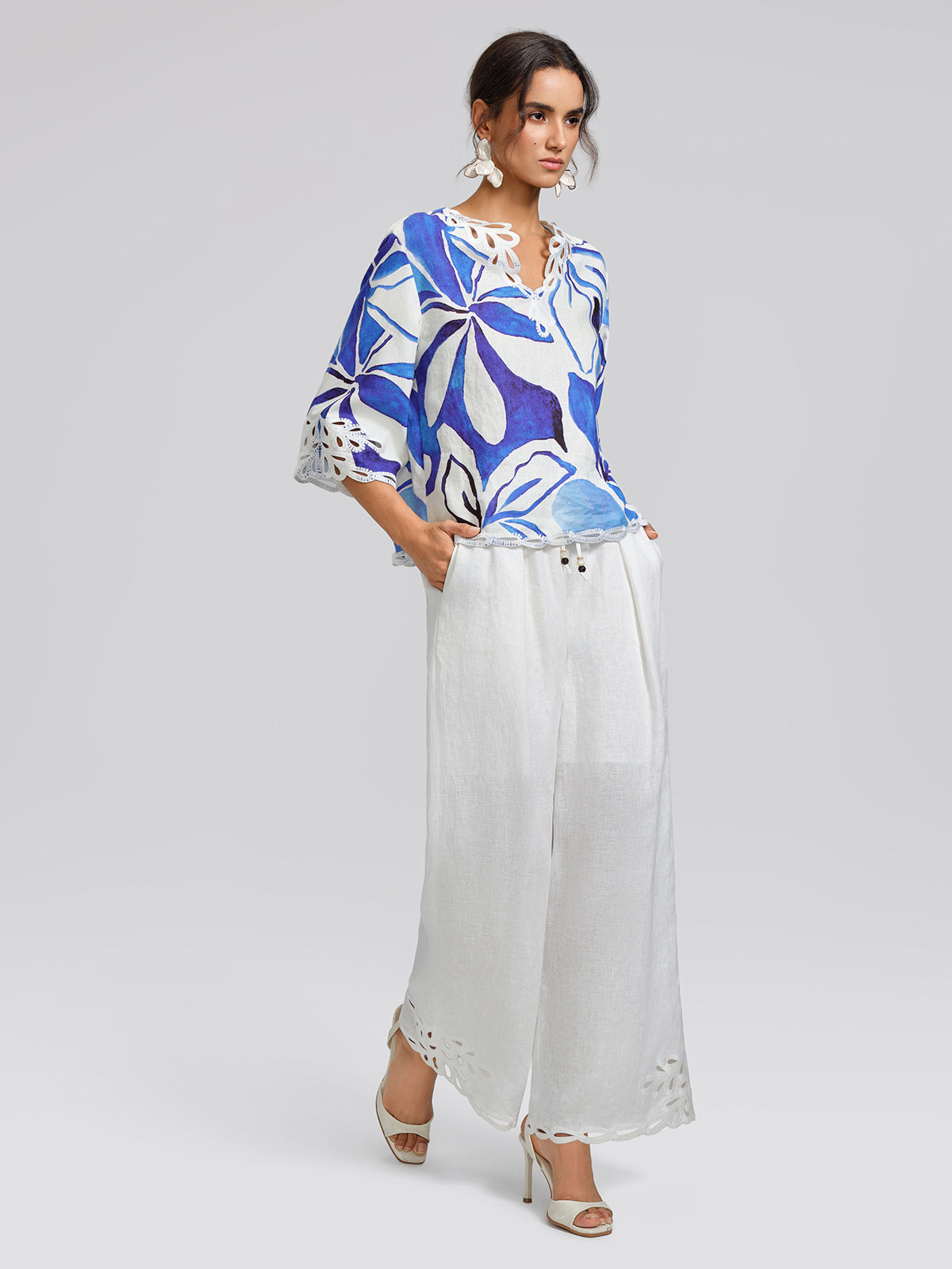 Linen Cutout Embroidered Straight-Leg Pants